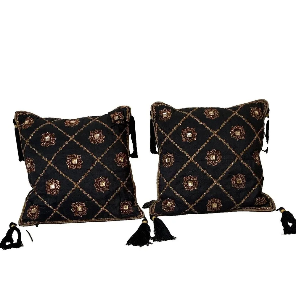Borgata Black/Gold Geometric Embroidered Square Decorative Pillow Tassels